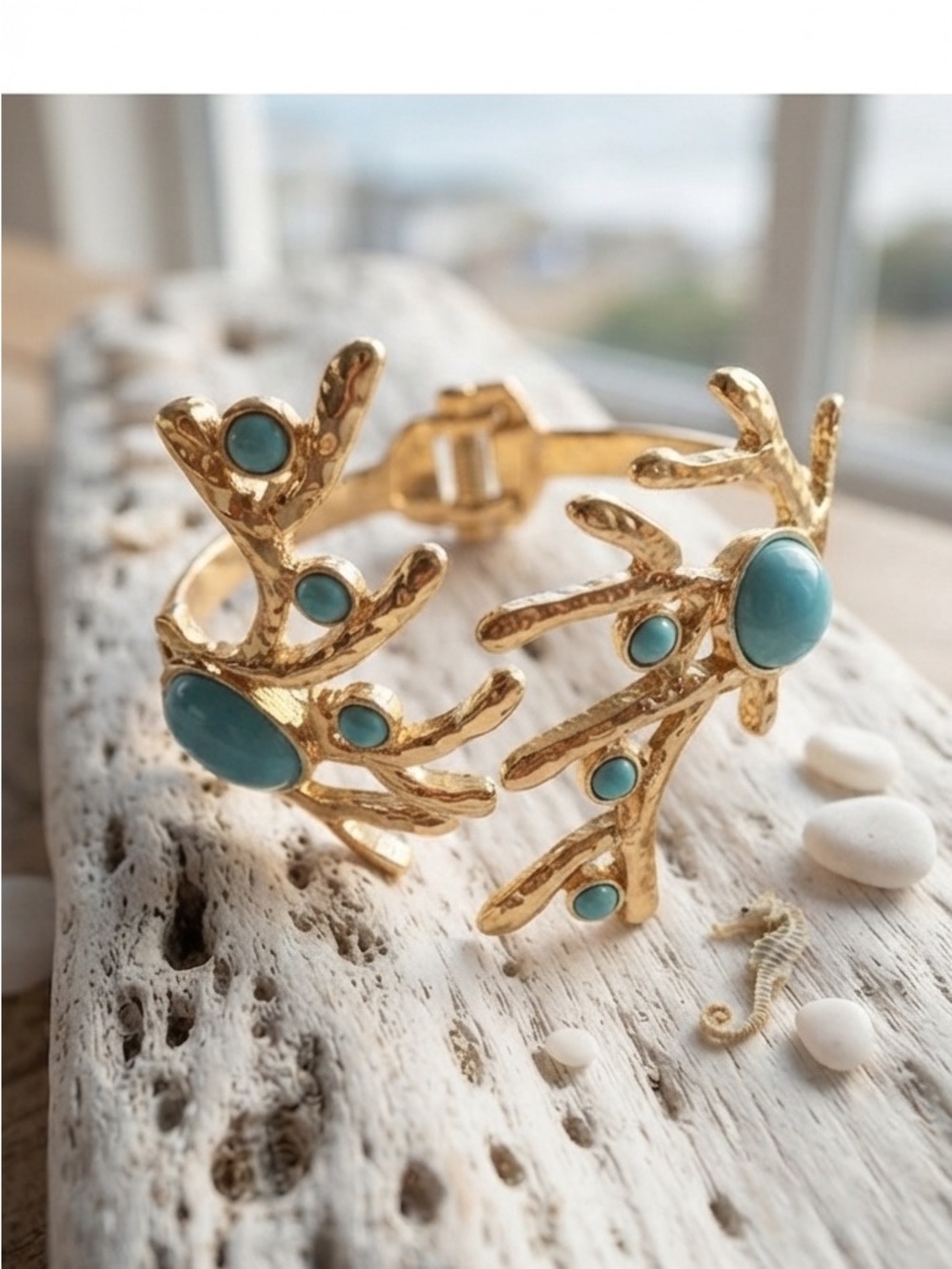 $58 Sundance Coral-Inspired Turquoise Gold Cuff Bracelet | NWOT | Coastal Boho